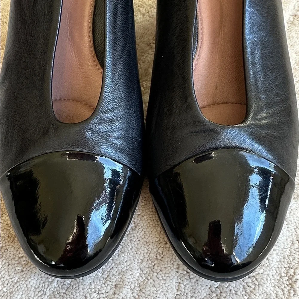 EUC Beautifeel Maya Black Leather/Patent Cap Toe Slip On Pump Heels 38 | 7-7.5